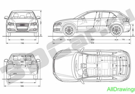 Audi A3 (2009) (Ауди А3 (2009)) - чертежи (рисунки) автомобиля